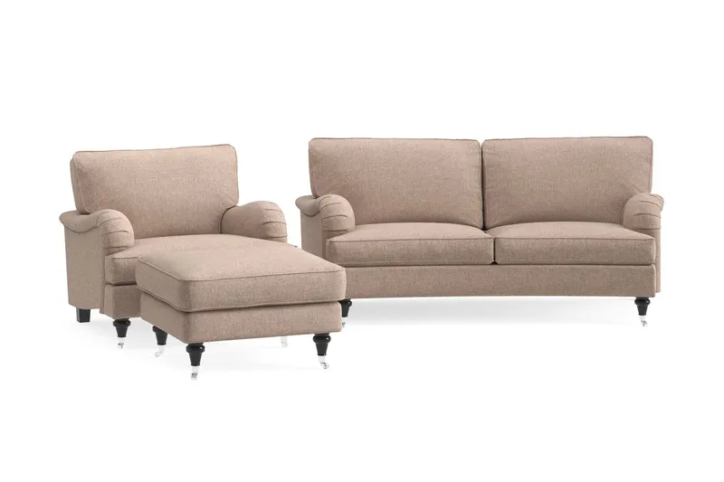 Howard Classic Soffgrupp 2-sits Svängd Soffa + Fåtölj + Fotpall i Tyg - Mörkbeige — Bloomington