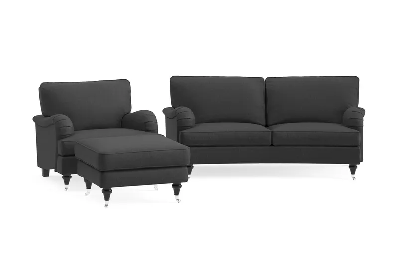 Howard Classic Soffgrupp 2-sits Svängd Soffa + Fåtölj + Fotpall i Tyg - Mörkgrå (Art.nr 1721504) — Bloomington