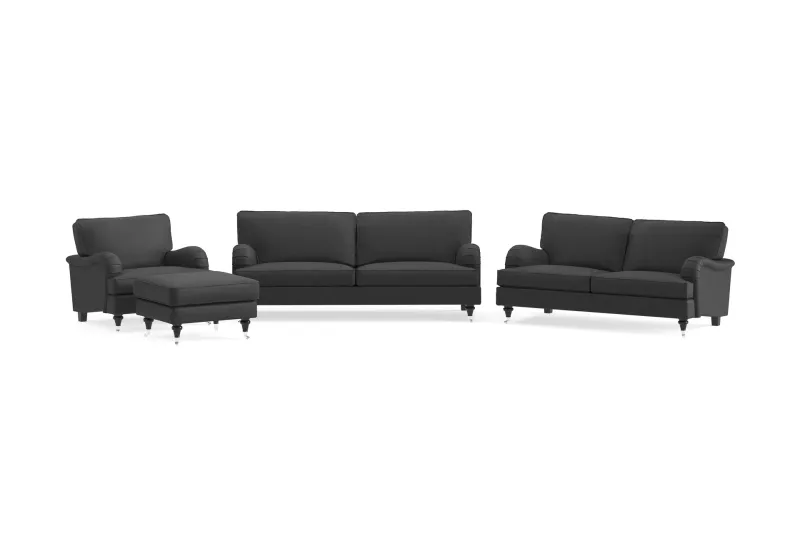 Howard Classic Soffgrupp 3-sits + 2-sits Soffa + Fåtölj + Fotpall i Tyg - Mörkgrå — Bloomington