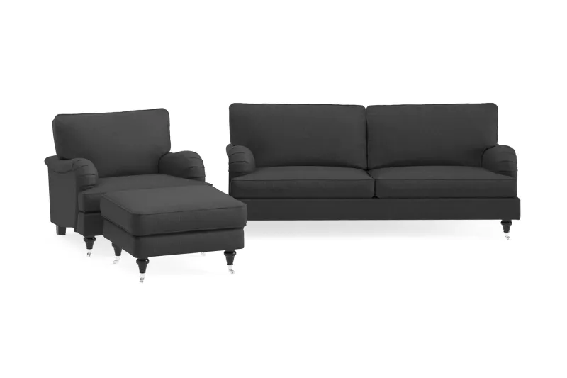 Howard Classic Soffgrupp 3-sits Soffa + Fåtölj + Fotpall i Tyg - Mörkgrå — Bloomington