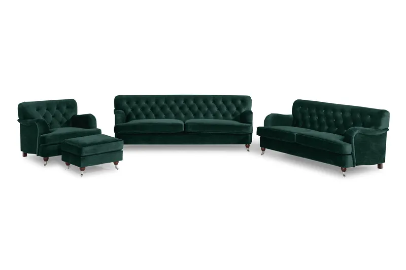 Howard Riviera Soffgrupp Svängd 3-sits + 2-sits Soffa + Fåtölj + Fotpall i Sammet - Grön — Grön