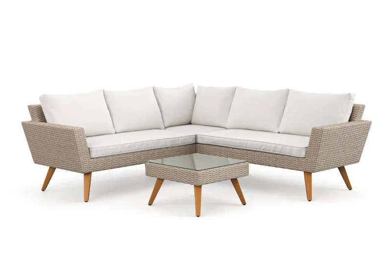 Karlskrona 5-sits Loungegrupp utomhus med vita dynor soffbord i konstrotting med glasskiva - Brun — Comfort Garden