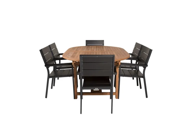 Kenya Matgrupp 180-240x120 cm + 6 Levels Stapelbar Stol - Svart/Brun — Venture Home