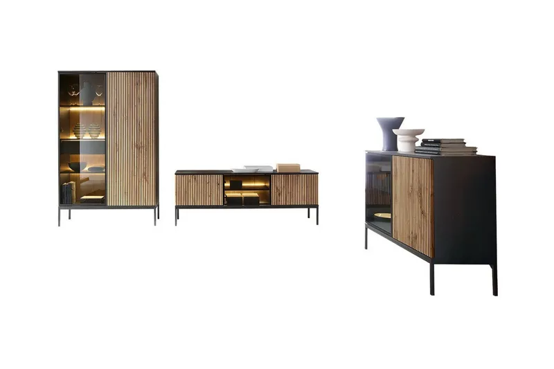 Klinkerville Möbelset Vardagsrum med Belysning TV-bänk vitrin - Svart Trä / Brun / Ribbad / Glas — Scandinavian Choice