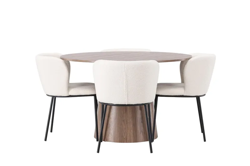 Lanzo Rund Matgrupp i Trä 120 cm med 4 Edina Stolar - Natur / Beige / Vit — Venture Home