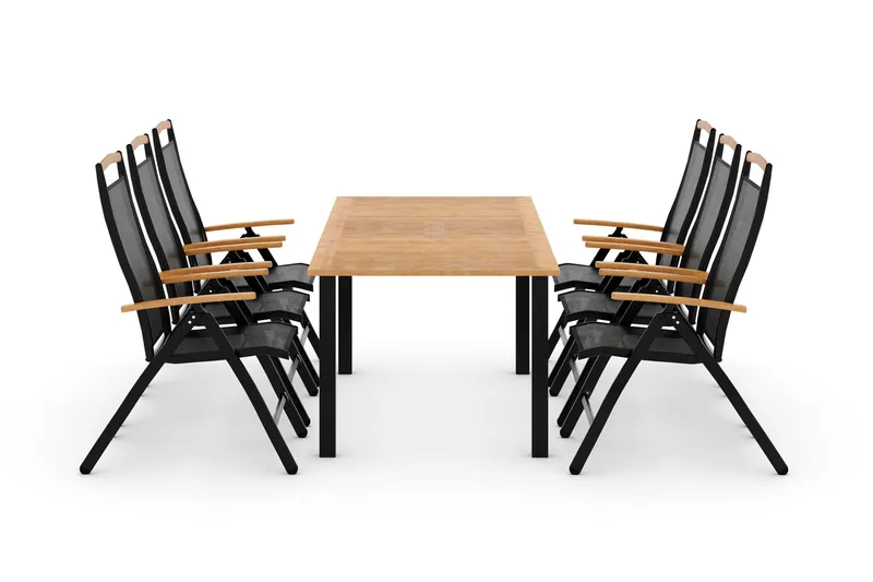 Las Vegas Matgrupp Utomhus 152-210 + 6 Positionsstol Lyx - Svart Teak — deNoord