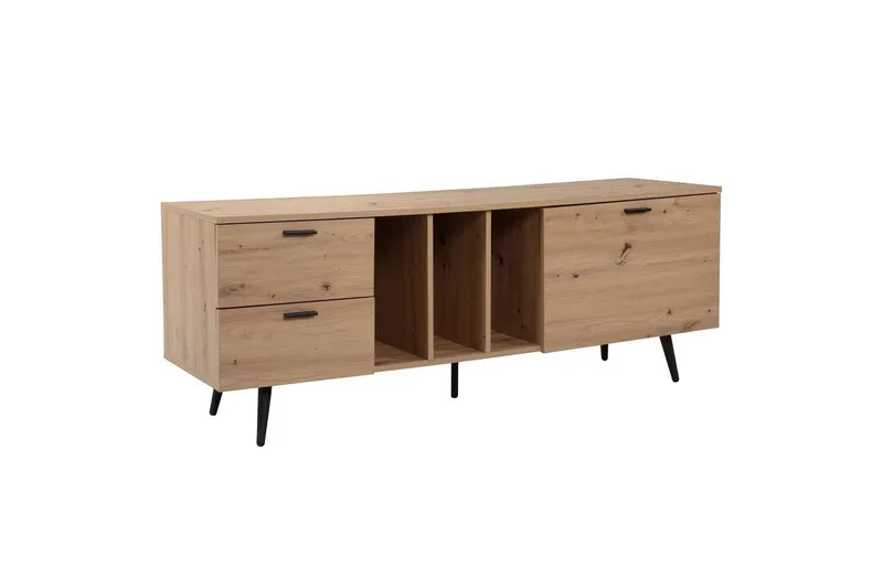 Lowboard Wohnling modernt spånskiva, 2 lådor, 1 dörr, förvaringsbrickor, metallben, modern stil Svart, Ek - Svart, Ek — Wohnling