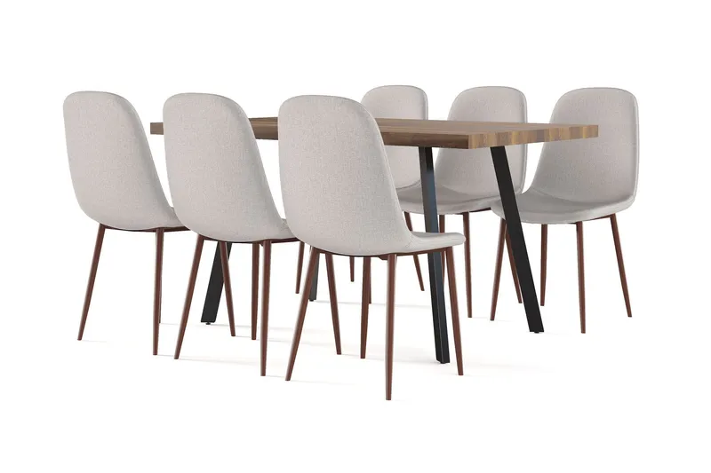 Marcelen Matbord Förlängningsbart med illäggsskiva + 6 st Nibe stol beige med valnöt ben - Brun/Beige — Factory Fellow