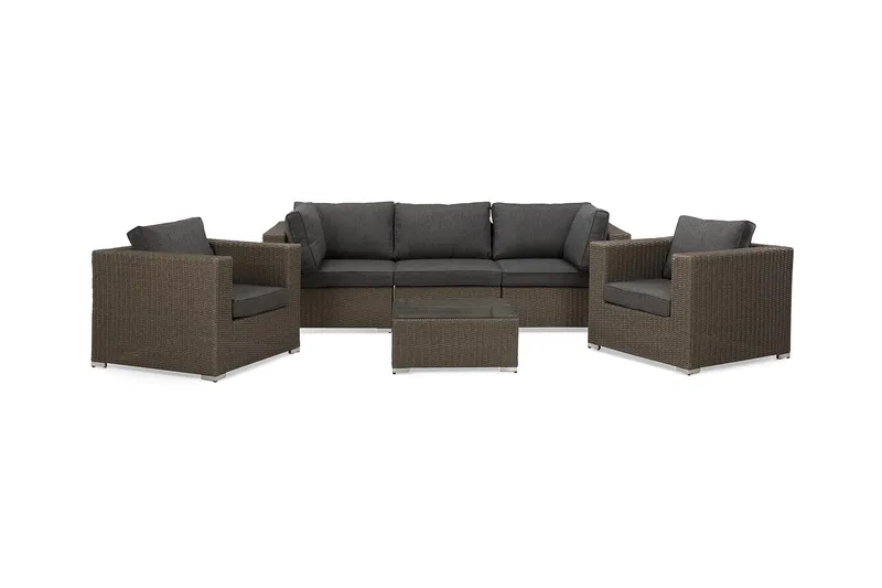 Marcus Loungegrupp utomhus - Soffgrupp till trädgård 5-sits - Loungeset konstrotting utemöbler - Mörkbrun / Svarta dynor — deNoord