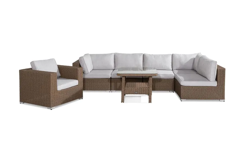 Marcus Stor Loungegrupp Utomhus - 6-sits Loungeset i Konstrotting för Uteplats och Trädgård - Beige / Vita dynor — deNoord