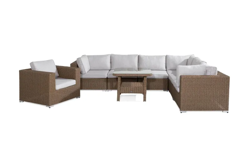 Marcus Stor Loungegrupp Utomhus - 7-sits Loungeset i Konstrotting för Uteplats och Trädgård - Beige / Vita dynor — deNoord