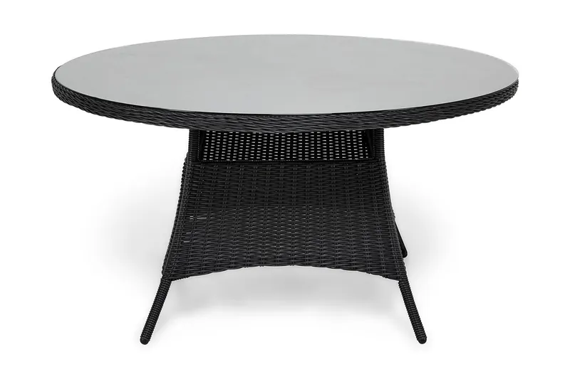 Marcus Stort Runt Matbord Utomhus 140 cm – Utebord i konstrotting med glasskiva för Uteplats och Trädgård - Svart — deNoord