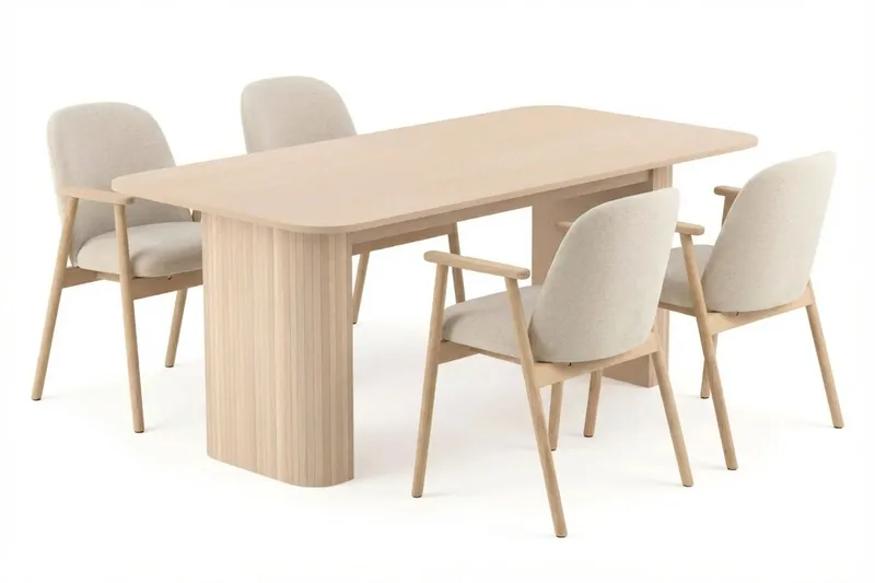 Matgrupp Bark Kopparbo Matbord 180-240 cm Förlängningsbart med 6 Reciclar Matstolar Ljus Ek\|Beige — Bark