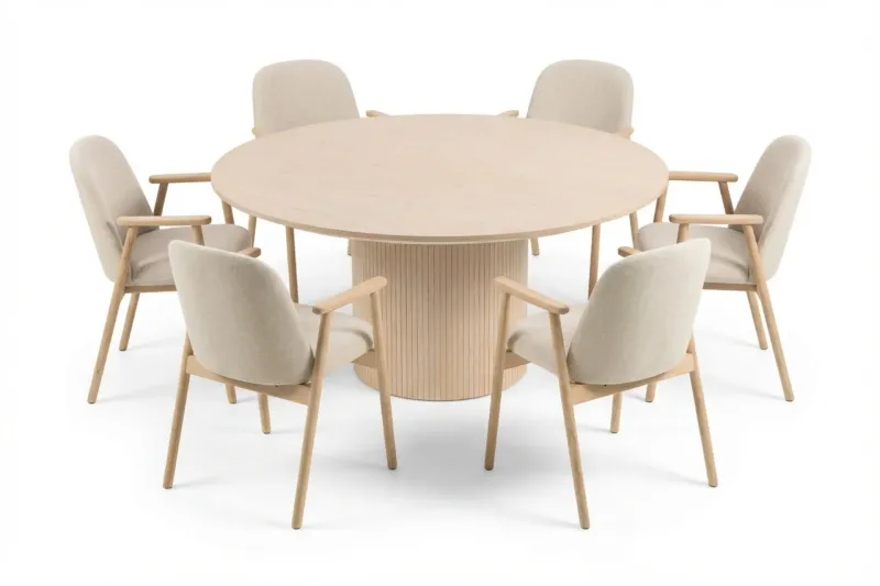 Matgrupp Bark Kopparbo Runt Matbord 180 cm Vitlaserat med 6 Reciclar Matstolar Ljus Ek\|Beige — Bark