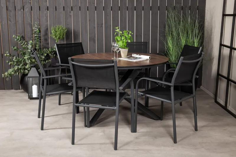Matgrupp Llama Rund Ø140cm + 6 Santorini Karmstolar Svart/br - Venture Home — Venture Home