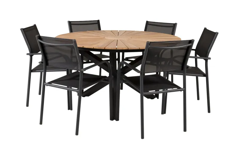 Matgrupp Mexico Rund Ø140cm + 6 Santorini Karmstolar Svart/b - Venture Home — Venture Home