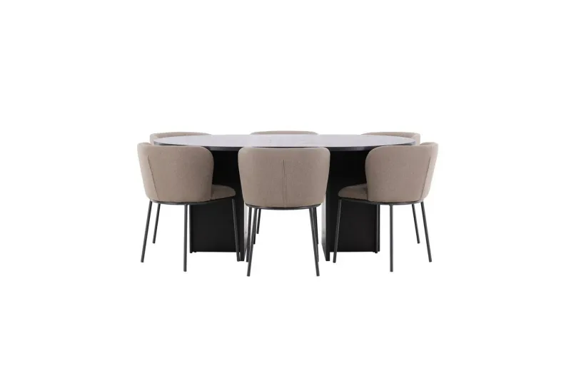 Matgrupp Strada Runt 120/170 cm Svart med Edina Stolar 6 st, Svart / Brun - 6 st, Svart / Brun — Venture Home