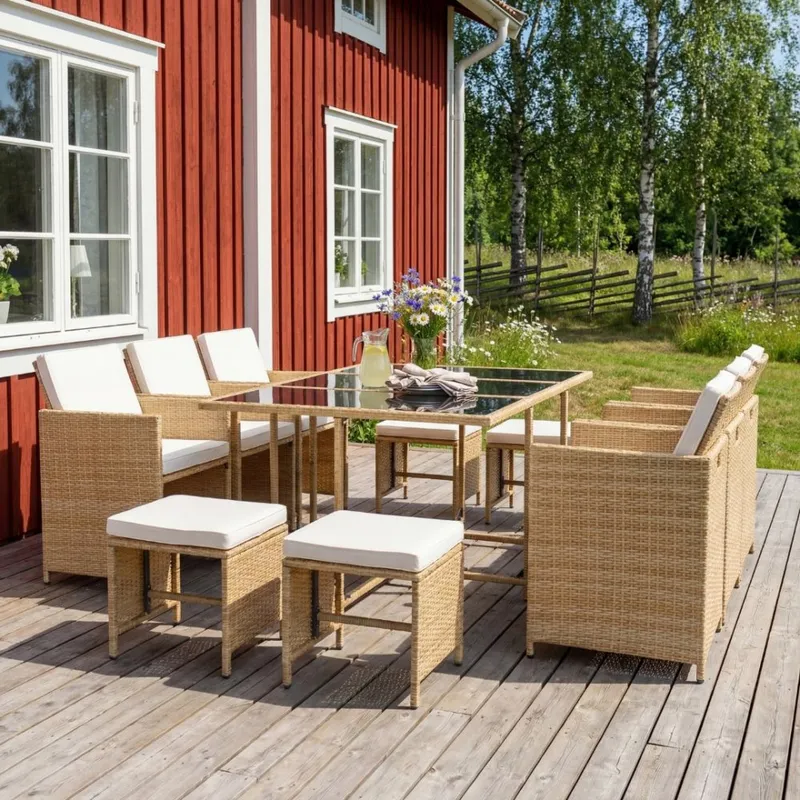 Matgrupp/Utegrupp 10 platser | 6 Stolar & 4 Pallar | Skärhamn beige — outl1.se