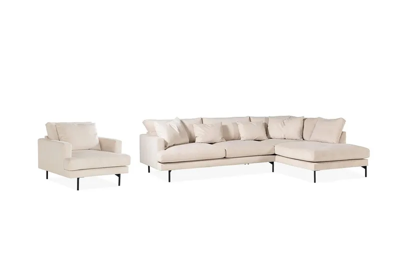 Menard Soffgrupp 4-sits Högervänd L-formad Schäslongsoffa + Stor Fåtölj i Manchester - Beige — Scandi Days