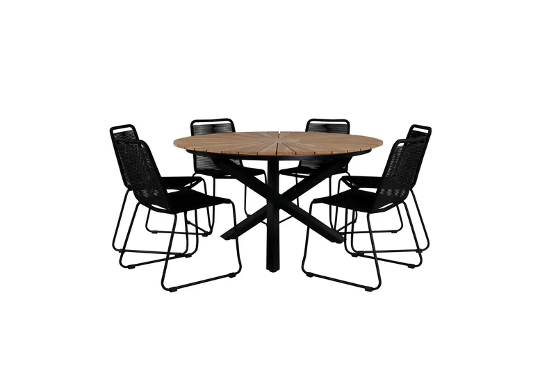 Mexico Matgrupp Utomhus Rund Ø140cm + 6 Lindos Stapelbara Matstolar - Svart — Venture Home