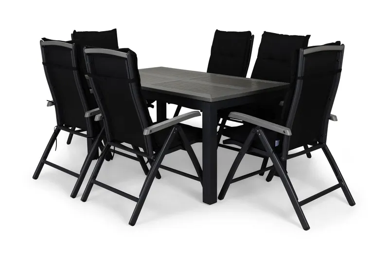 Monaco Matgrupp Utomhus 152-210x90 + 6 Monaco Positionsstol m Dyna - Svart/Grå — Comfort Garden