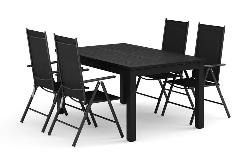 Monaco utomhus matgrupp förlängningsbart 150-250x90 med 4 Maggie positionsstolar - Svart/Grå — Comfort Garden