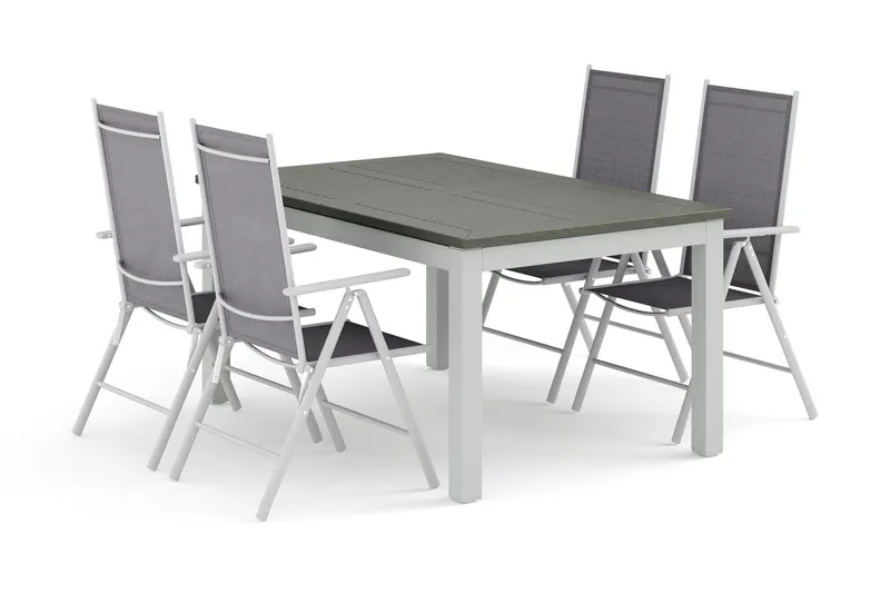 Monaco utomhus matgrupp förlängningsbart 150-250x90 med 4 Maggie positionsstolar - Vit/Grå — Comfort Garden