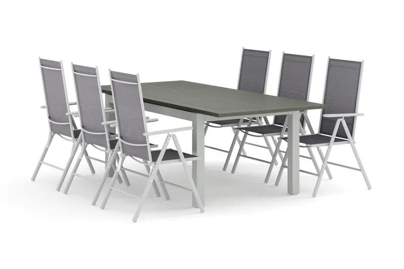 Monaco utomhus matgrupp förlängningsbart 150-250x90 med 6 Maggie positionsstolar - Vit/Grå — Comfort Garden