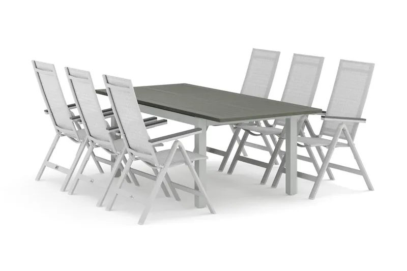 Monaco utomhus matgrupp förlängningsbart 150-250x90 med 6 Monaco Light positionsstolar - Vit/Grå — Comfort Garden