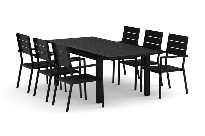 Monaco utomhus matgrupp förlängningsbart 150-250x90 med 6 Tunis stapelstolar - Svart/Grå — Comfort Garden