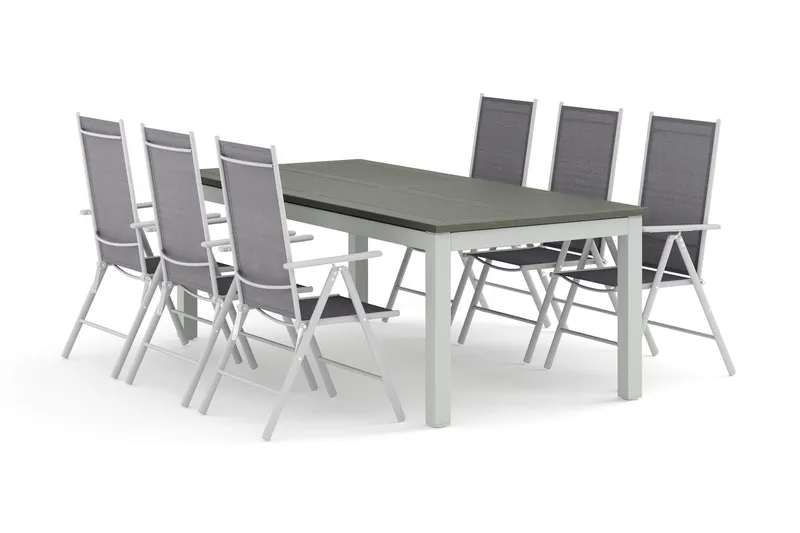 Monaco utomhus matgrupp förlängningsbart 210/310x90 med 6 Maggie positionsstolar - Vit/Grå — Comfort Garden