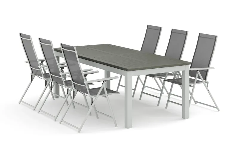 Monaco utomhus matgrupp förlängningsbart 210/310x90 med 6 Sanna positionsstolar - Vit/Grå — Comfort Garden