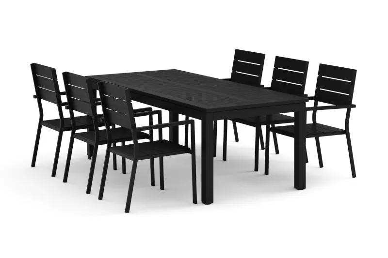 Monaco utomhus matgrupp förlängningsbart 210/310x90 med 6 Tunis stapelstolar - Svart/Grå — Comfort Garden