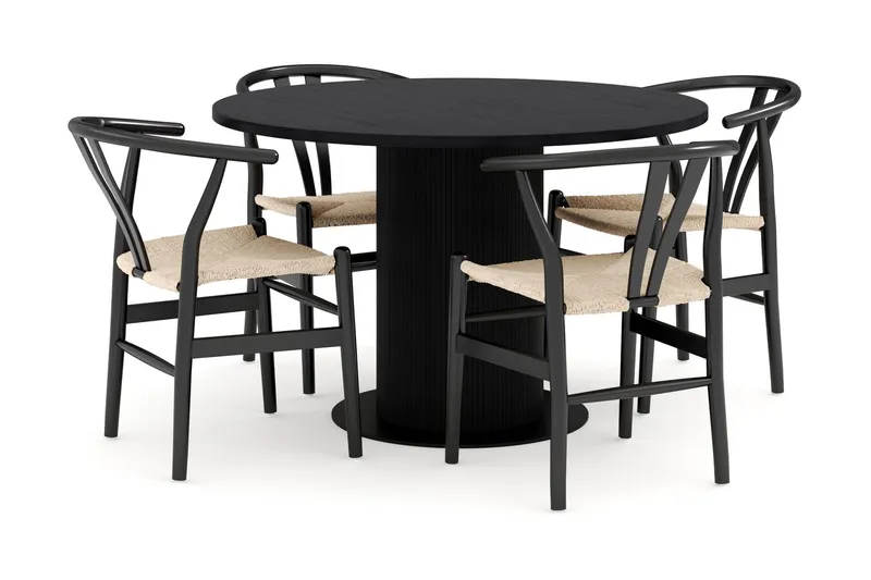 Noira Matgrupp 120 cm Massiv Ek Rund med 4 Dastoori Matstol - 2220067-4,2206128-1 - Svart — Bark