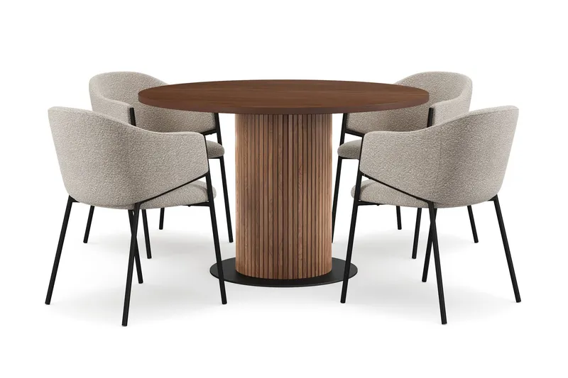 Noira Runt Litet Matbord Massiv Valnöt 120 cm med 4 Filip Matstolar - Brun / Taupe Bouclé — Bark