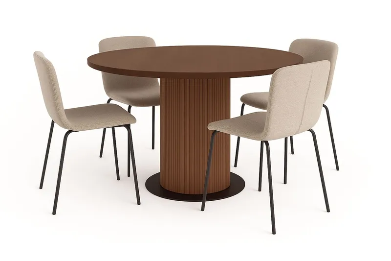 Noira Runt Litet Matbord Massiv Valnöt 120 cm med 4 Katy Matstolar - Brun / Greige Bouclé / Metallben Svart — Bark
