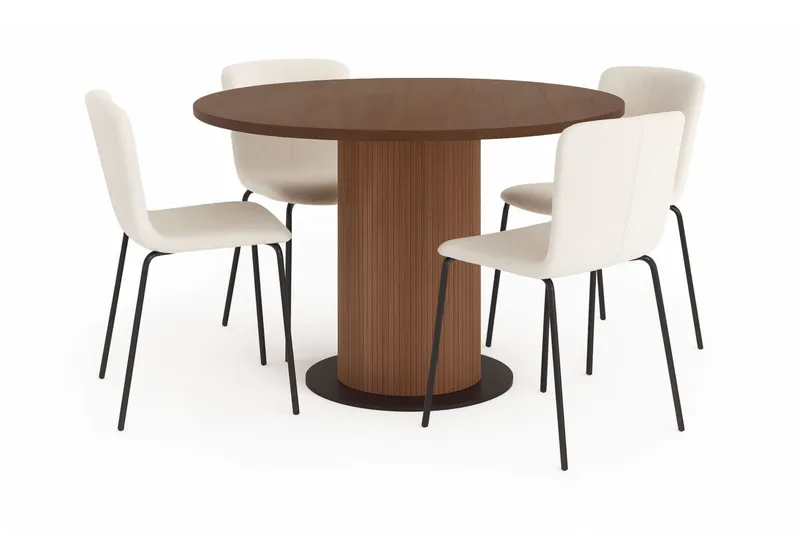 Noira Runt Litet Matbord Massiv Valnöt 120 cm med 4 Katy Matstolar - Brun / Vit Bouclé / Metallben Svart — Bark