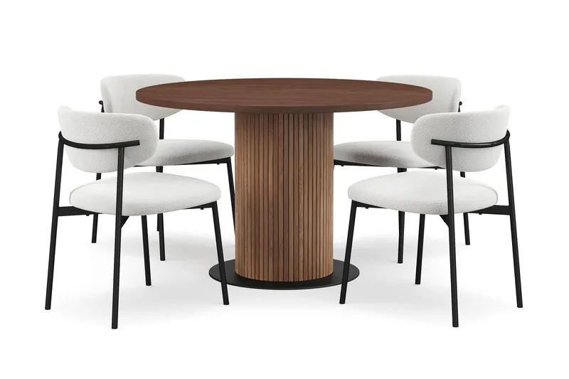 Noira Runt Litet Matbord Massiv Valnöt 120 cm med 4 Lucy Matstolar - Brun / Vit Bouclé / Metallben Svart — Bark