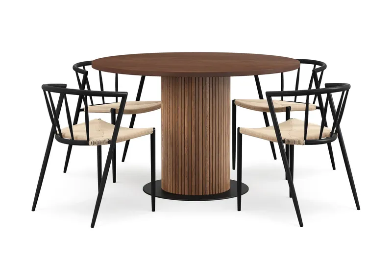 Noira Runt Litet Matbord Massiv Valnöt 120 cm med 4 Winston Matstolar - Brun / Beige / Metallben Svart — Bark