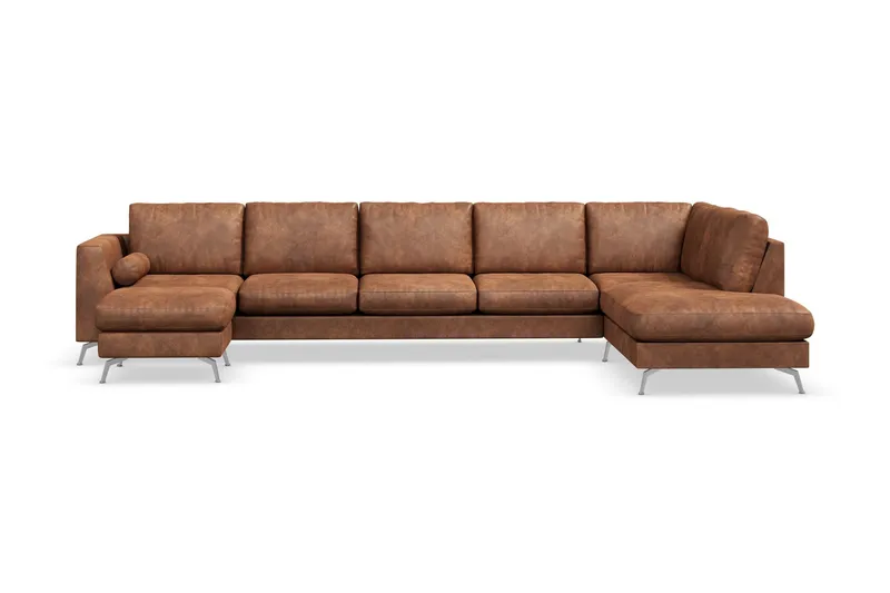 Ocean Lyx 6-sits Högervänd U-formad Soffa med Divan och Schäslong + Fotpall i Konstläder - Brun (Art.nr 880258) — Scandinavian Choice