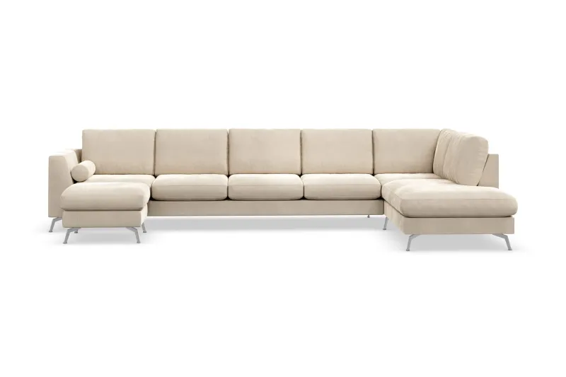 Ocean Lyx 6-sits Högervänd U-formad Soffa med Divan och Schäslong + Fotpall i Sammet - Beige — Scandinavian Choice