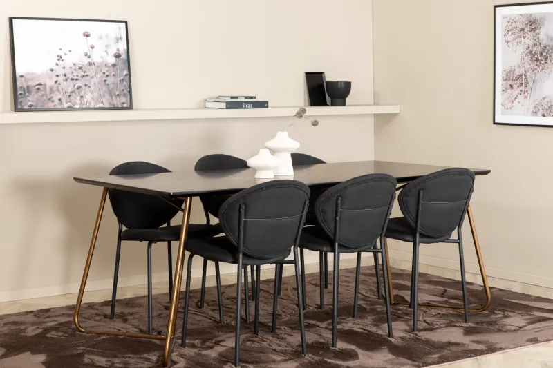 Pipi Matgrupp 190 cm inkl 6 Moncoll Stolar - Svart/Koppar — Venture Home