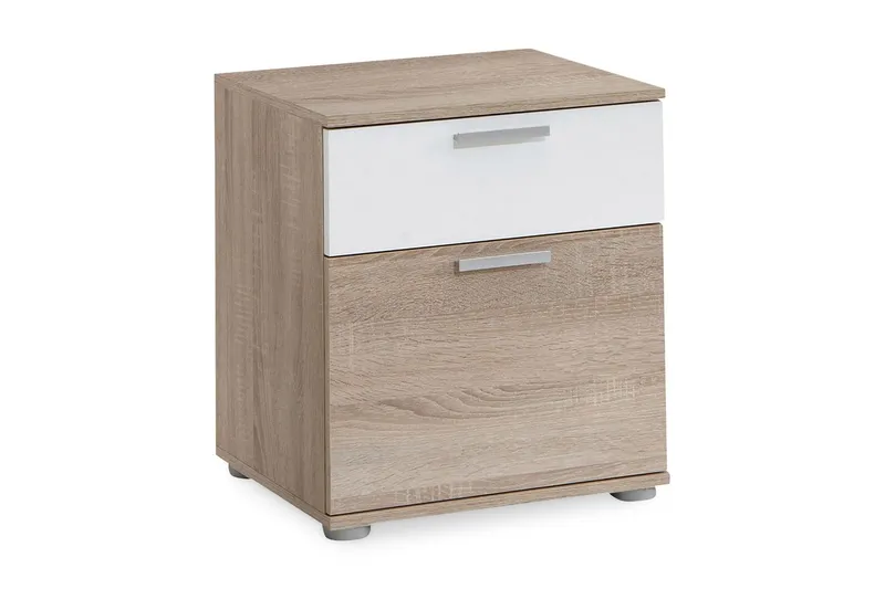 Polyxo Sängbord 38 cm med Förvaring 2 Lådor - Vit/Ekfärg/Ljusgrå — Scandinavian Choice