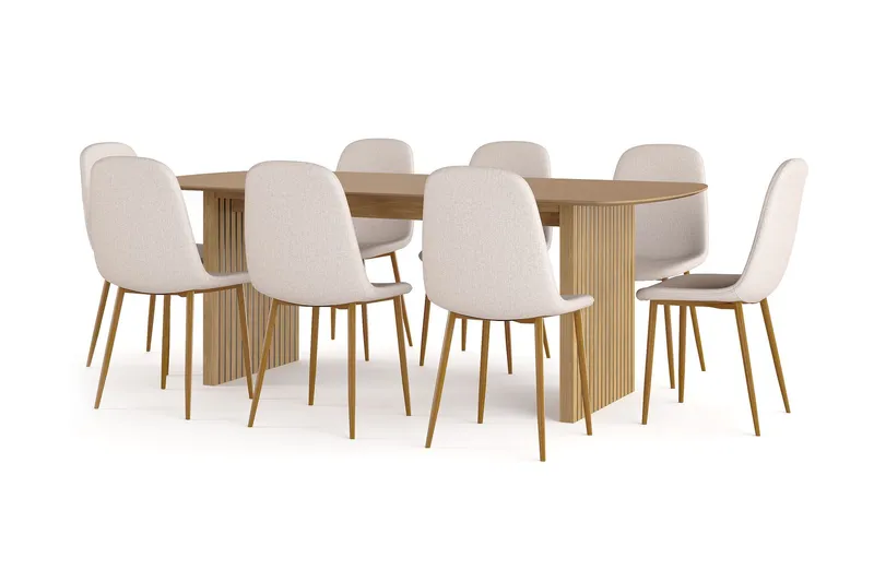 Richeto Matbord 210 cm ek + 8 st Nibe stol beige med ek ben - Natur/Beige — Bark