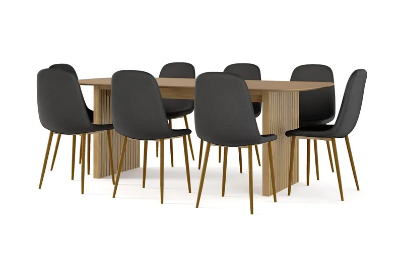 Richeto Matbord 210 cm ek + 8 st Nibe stol svart med ek ben - Natur/Svart — Bark