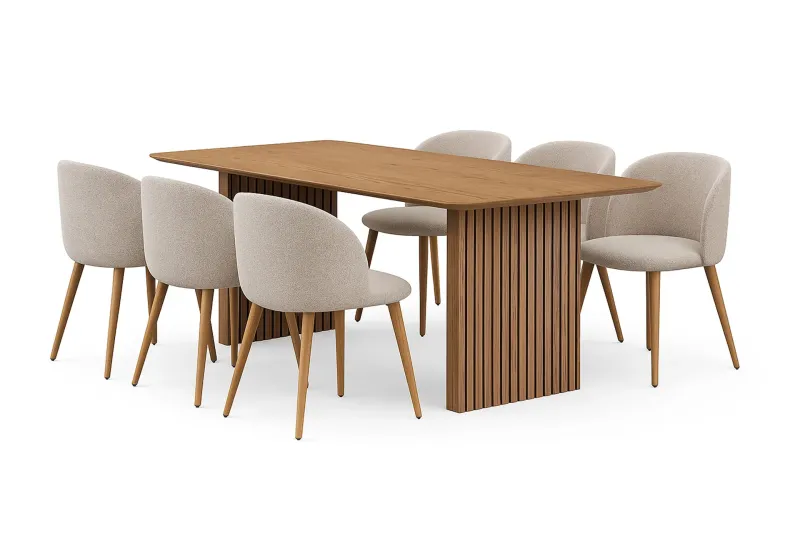 Richeto Matbord 210 cm med 6 Greya Matstolar med armstöd - Naturlig finish / Greige Bouclé / Metallben Ek — Bark