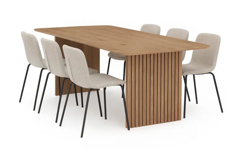 Richeto Matbord 210 cm med 6 Katy Matstolar - Naturlig finish / Greige Bouclé / Metallben Svart — Bark