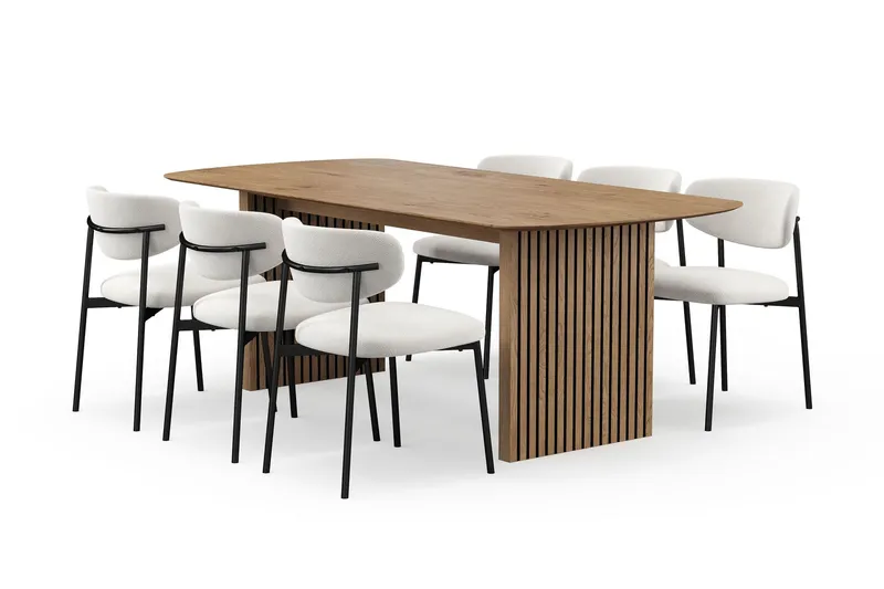 Richeto Matbord 210 cm med 6 Lucy Matstolar - Naturlig finish / Vit Bouclé / Metallben Svart — Bark