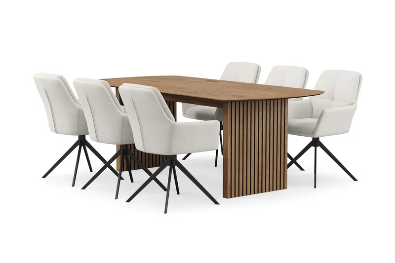 Richeto Matgrupp 210 cm med 6 Torsby Snurrstolar - Naturlig finish/Ljusbeige — Bark