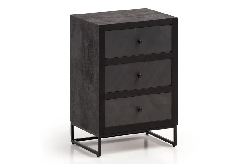 Sängbord Wohnling gjord av massivt trä för boxspringbädd med 3 lådor, skifferlook, i lantlig stil Svart - Svart — Wohnling